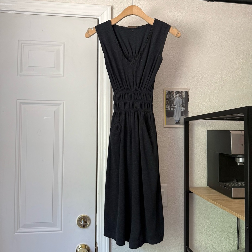 MODASPIA grey v neck smocked stretchy waist sleeveless knit mini midi dress